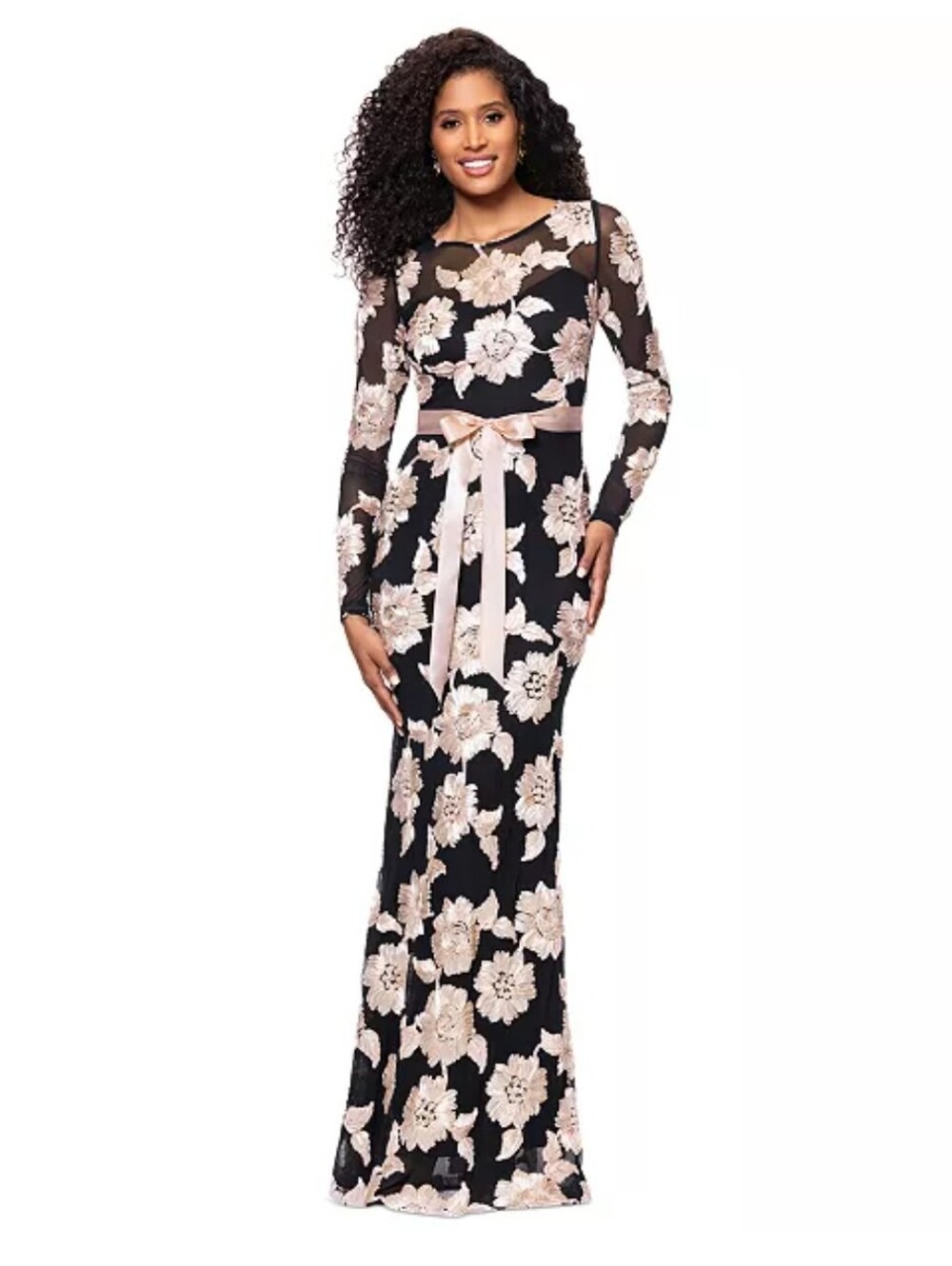 Betsy & Adam $310 Floral Long Sleeve Formal Maxi Gown Sz 8 Glam Old Money